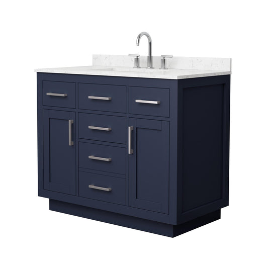 Wyndham Collection Beckett TK 42" Single Bathroom Vanity With Toe Kick in Dark Blue, Carrara Cultured Marble Countertop, Undermount Square Sink (3-Hole), Brushed Nickel Trim