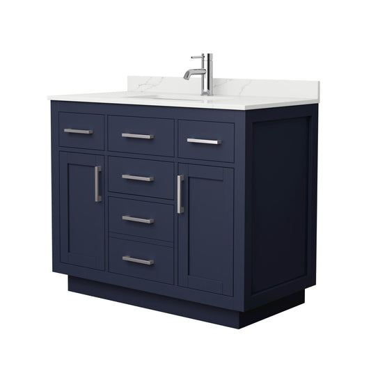 Wyndham Collection Beckett TK 42" Single Bathroom Vanity With Toe Kick in Dark Blue, Giotto Quartz Countertop, Undermount Square Sink (1-Hole), Brushed Nickel Trim