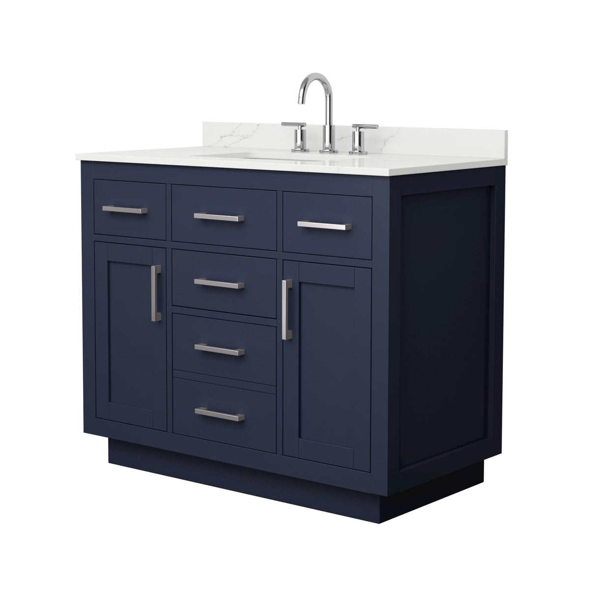 Wyndham Collection Beckett TK 42" Single Bathroom Vanity With Toe Kick in Dark Blue, Giotto Quartz Countertop, Undermount Square Sink (3-Hole), Brushed Nickel Trim