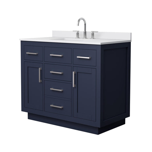 Wyndham Collection Beckett TK 42" Single Bathroom Vanity With Toe Kick in Dark Blue, White Cultured Marble Countertop, Undermount Square Sink (3-Hole), Brushed Nickel Trim