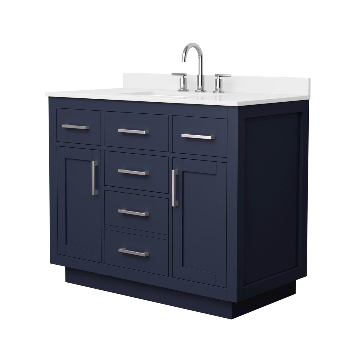 Wyndham Collection Beckett TK 42" Single Bathroom Vanity With Toe Kick in Dark Blue, White Quartz Countertop, Undermount Square Sink (3-Hole), Brushed Nickel Trim