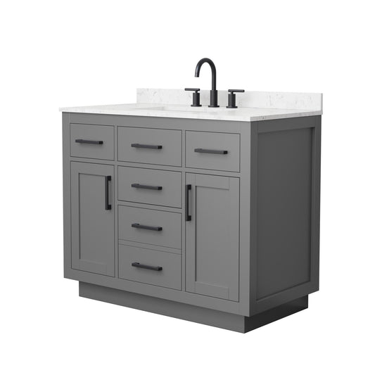 Wyndham Collection Beckett TK 42" Single Bathroom Vanity With Toe Kick in Dark Gray, Carrara Cultured Marble Countertop, Undermount Square Sink (3-Hole), Matte Black Trim