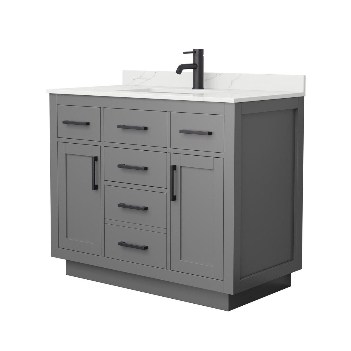 Wyndham Collection Beckett TK 42" Single Bathroom Vanity With Toe Kick in Dark Gray, Giotto Quartz Countertop, Undermount Square Sink (1-Hole), Matte Black Trim