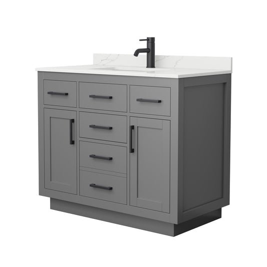 Wyndham Collection Beckett TK 42" Single Bathroom Vanity With Toe Kick in Dark Gray, Giotto Quartz Countertop, Undermount Square Sink (1-Hole), Matte Black Trim