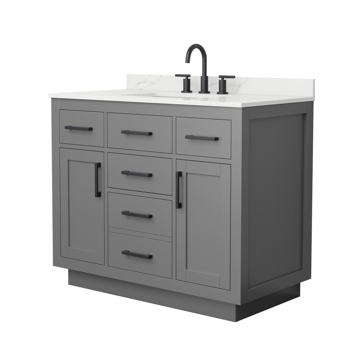 Wyndham Collection Beckett TK 42" Single Bathroom Vanity With Toe Kick in Dark Gray, Giotto Quartz Countertop, Undermount Square Sink (3-Hole), Matte Black Trim