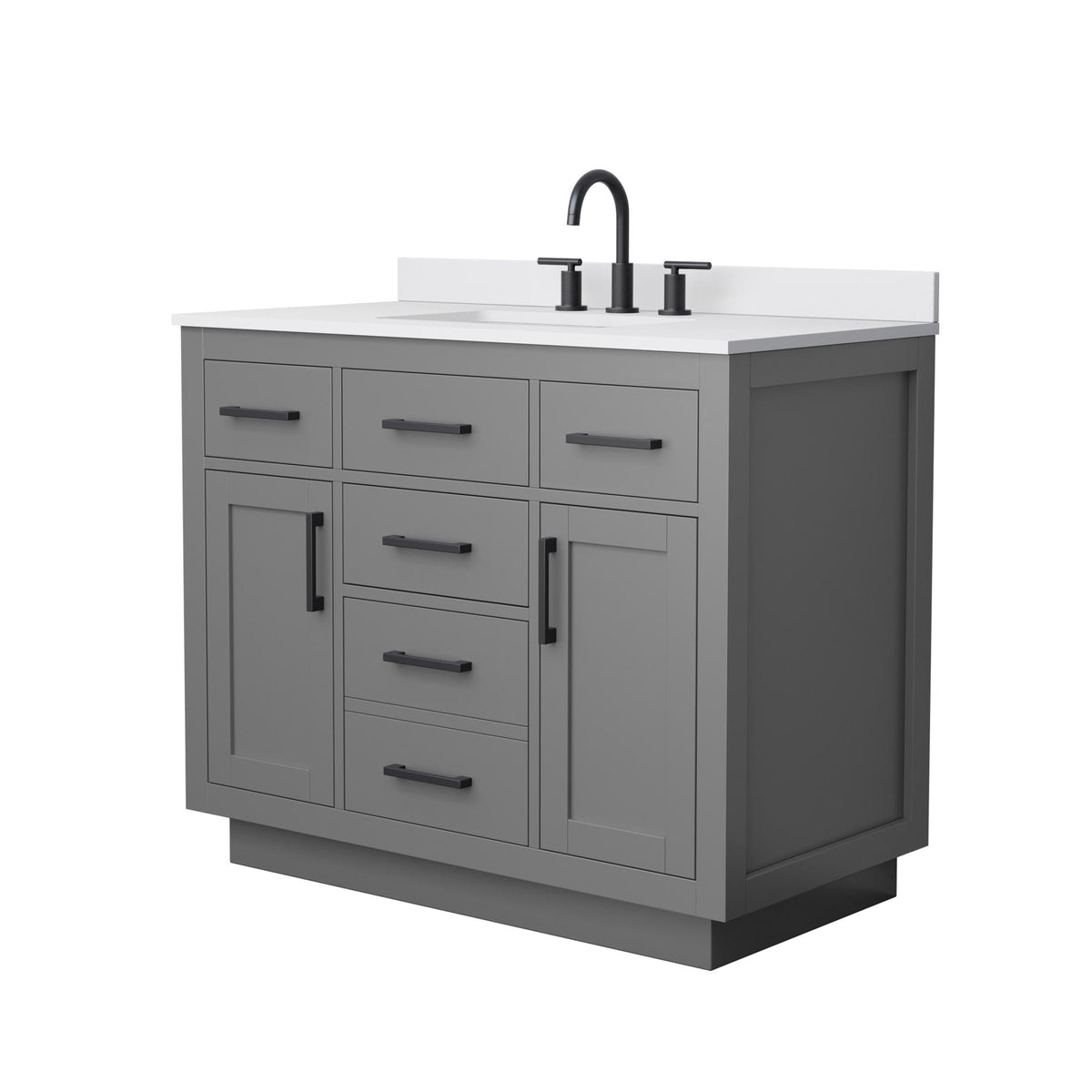 Wyndham Collection Beckett TK 42" Single Bathroom Vanity With Toe Kick in Dark Gray, White Cultured Marble Countertop, Undermount Square Sink (3-Hole), Matte Black Trim