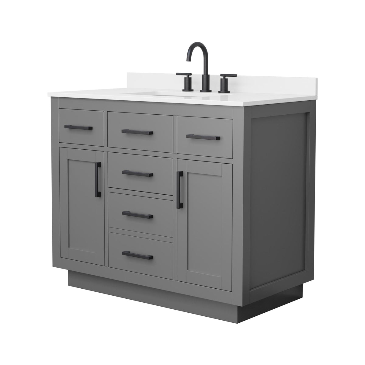 Wyndham Collection Beckett TK 42" Single Bathroom Vanity With Toe Kick in Dark Gray, White Quartz Countertop, Undermount Square Sink (3-Hole), Matte Black Trim