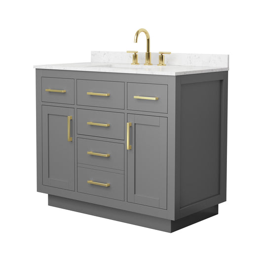 Wyndham Collection Beckett TK 42" Single Bathroom Vanity With Toe Kick in Dark Gray, Carrara Cultured Marble Countertop, Undermount Square Sink (3-Hole), Brushed Gold Trim