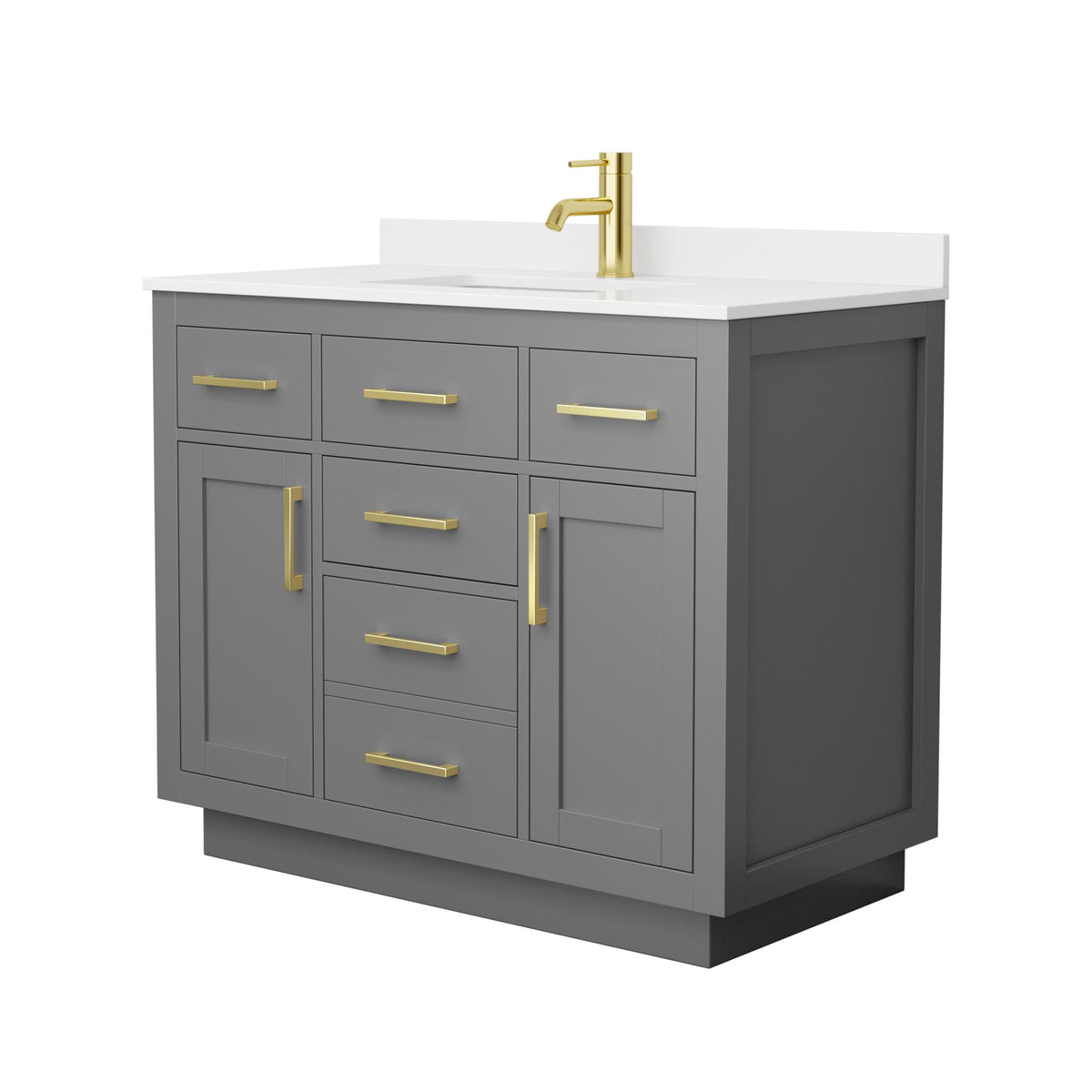 Wyndham Collection Beckett TK 42" Single Bathroom Vanity With Toe Kick in Dark Gray, White Quartz Countertop, Undermount Square Sink (1-Hole), Brushed Gold Trim