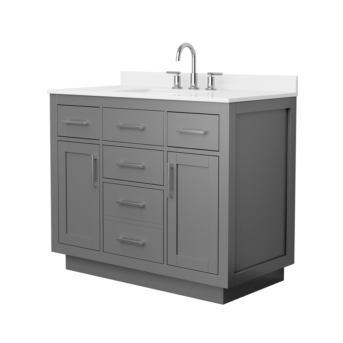 Wyndham Collection Beckett TK 42" Single Bathroom Vanity With Toe Kick in Dark Gray, White Quartz Countertop, Undermount Square Sink (3-Hole), Brushed Nickel Trim