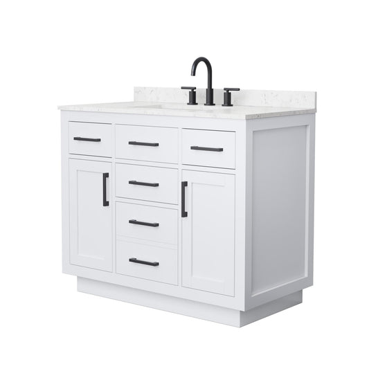 Wyndham Collection Beckett TK 42" Single Bathroom Vanity With Toe Kick in White, Carrara Cultured Marble Countertop, Undermount Square Sink (3-Hole), Matte Black Trim