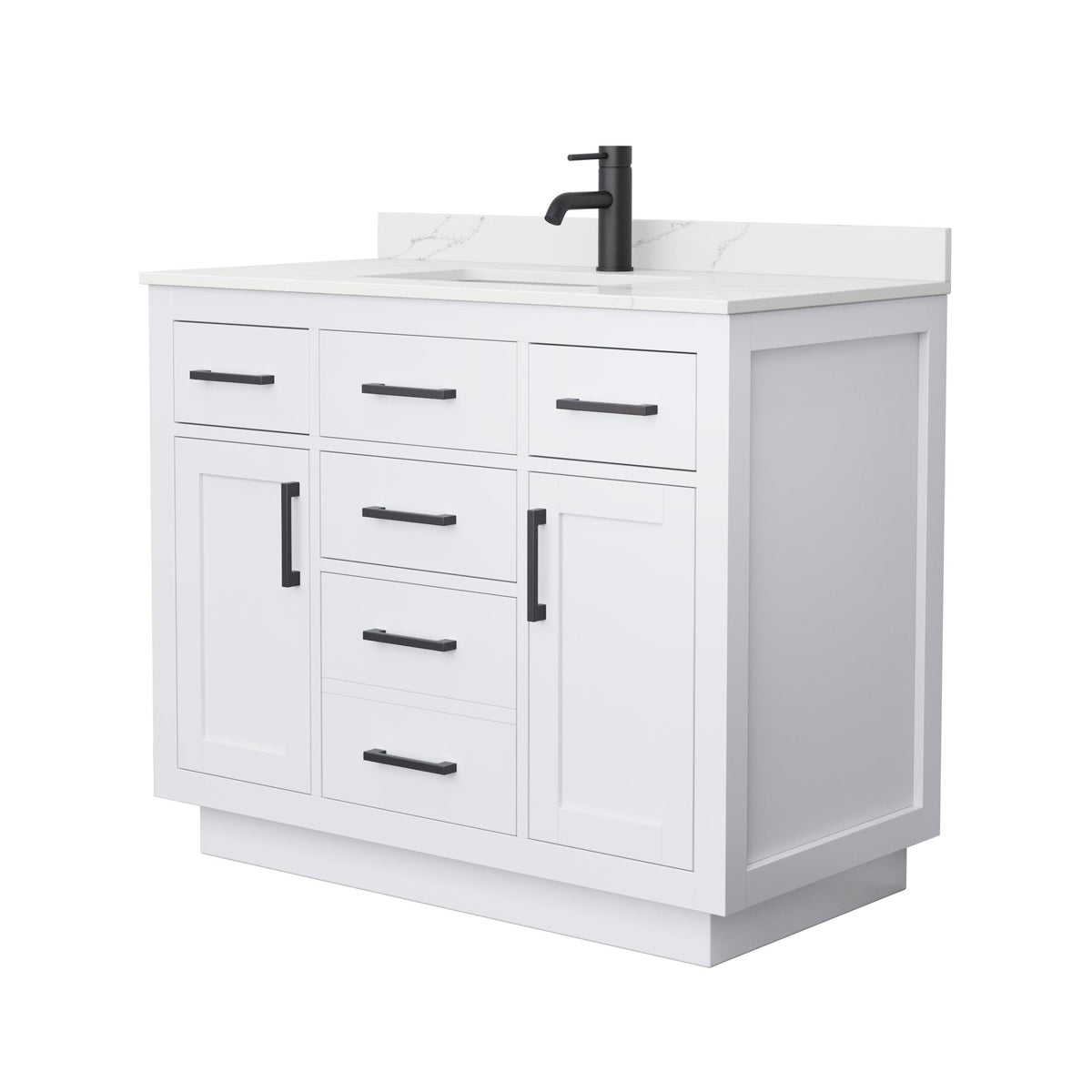 Wyndham Collection Beckett TK 42" Single Bathroom Vanity With Toe Kick in White, Giotto Quartz Countertop, Undermount Square Sink (1-Hole), Matte Black Trim