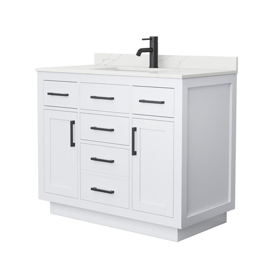 Wyndham Collection Beckett TK 42" Single Bathroom Vanity With Toe Kick in White, Giotto Quartz Countertop, Undermount Square Sink (1-Hole), Matte Black Trim