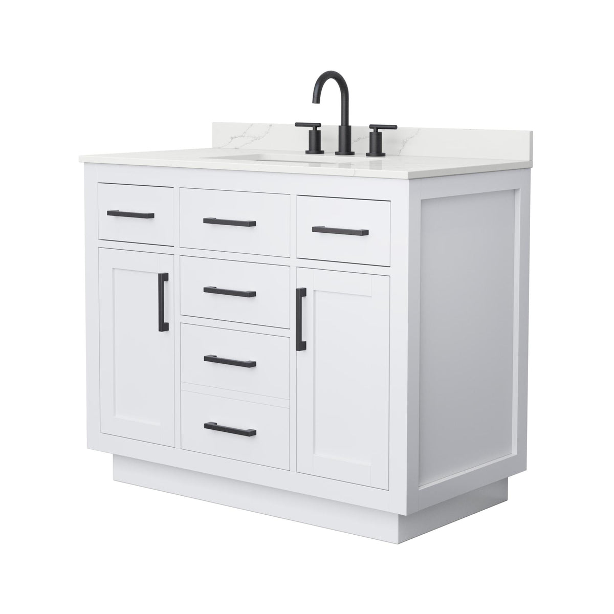 Wyndham Collection Beckett TK 42" Single Bathroom Vanity With Toe Kick in White, Giotto Quartz Countertop, Undermount Square Sink (3-Hole), Matte Black Trim