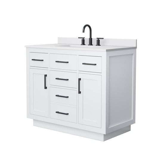 Wyndham Collection Beckett TK 42" Single Bathroom Vanity With Toe Kick in White, White Cultured Marble Countertop, Undermount Square Sink (3-Hole), Matte Black Trim