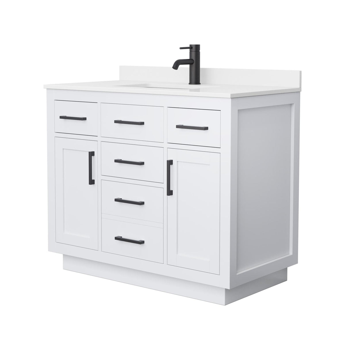 Wyndham Collection Beckett TK 42" Single Bathroom Vanity With Toe Kick in White, White Quartz Countertop, Undermount Square Sink (1-Hole), Matte Black Trim