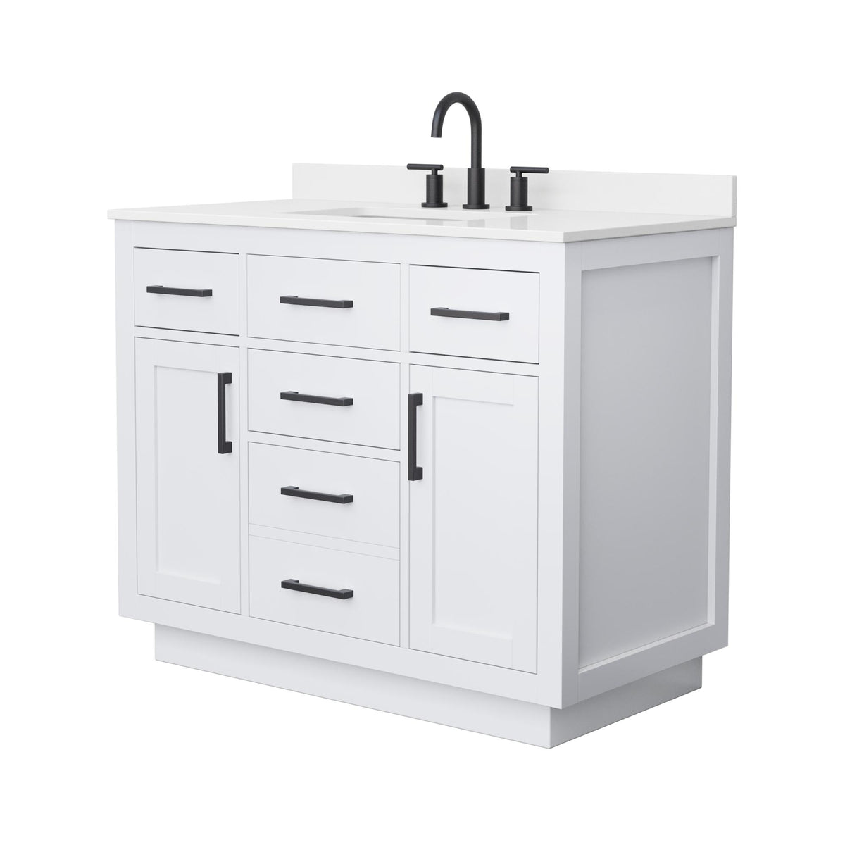 Wyndham Collection Beckett TK 42" Single Bathroom Vanity With Toe Kick in White, White Quartz Countertop, Undermount Square Sink (3-Hole), Matte Black Trim