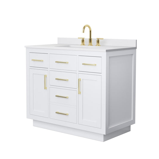 Wyndham Collection Beckett TK 42" Single Bathroom Vanity With Toe Kick in White, White Cultured Marble Countertop, Undermount Square Sink (3-Hole), Brushed Gold Trim