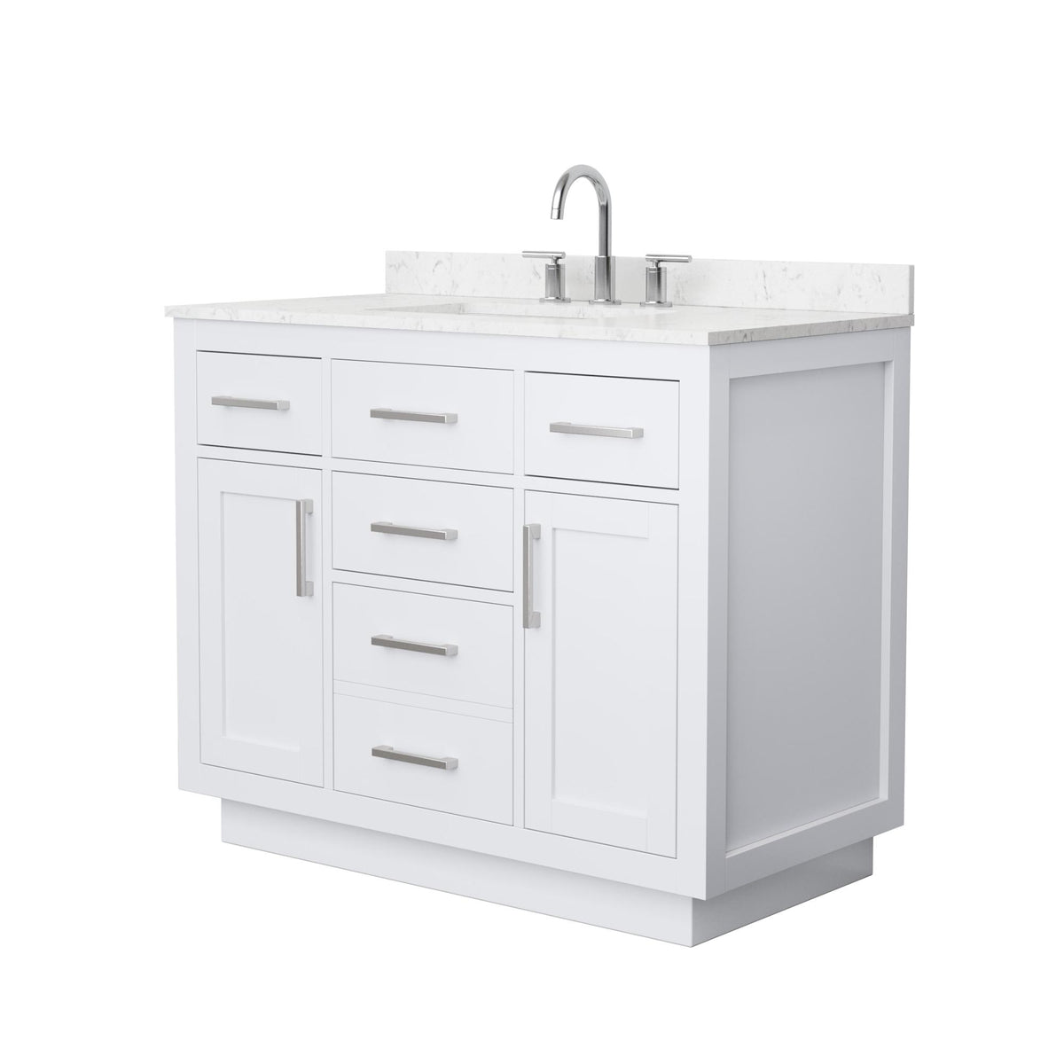 Wyndham Collection Beckett TK 42" Single Bathroom Vanity With Toe Kick in White, Carrara Cultured Marble Countertop, Undermount Square Sink (3-Hole), Brushed Nickel Trim
