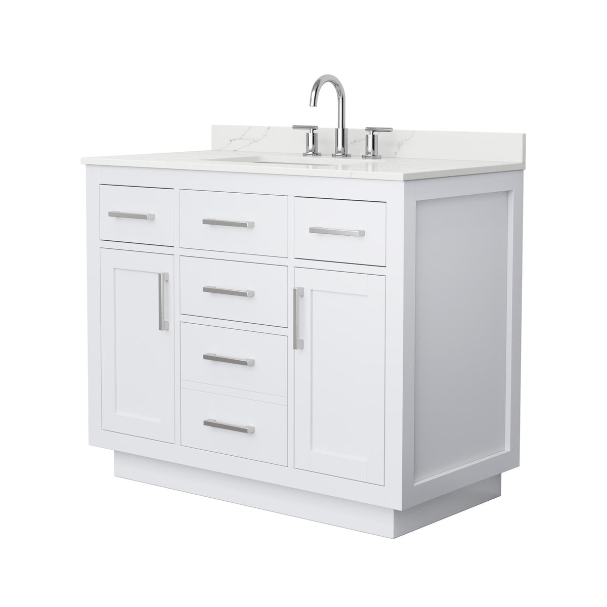 Wyndham Collection Beckett TK 42" Single Bathroom Vanity With Toe Kick in White, Giotto Quartz Countertop, Undermount Square Sink (3-Hole), Brushed Nickel Trim