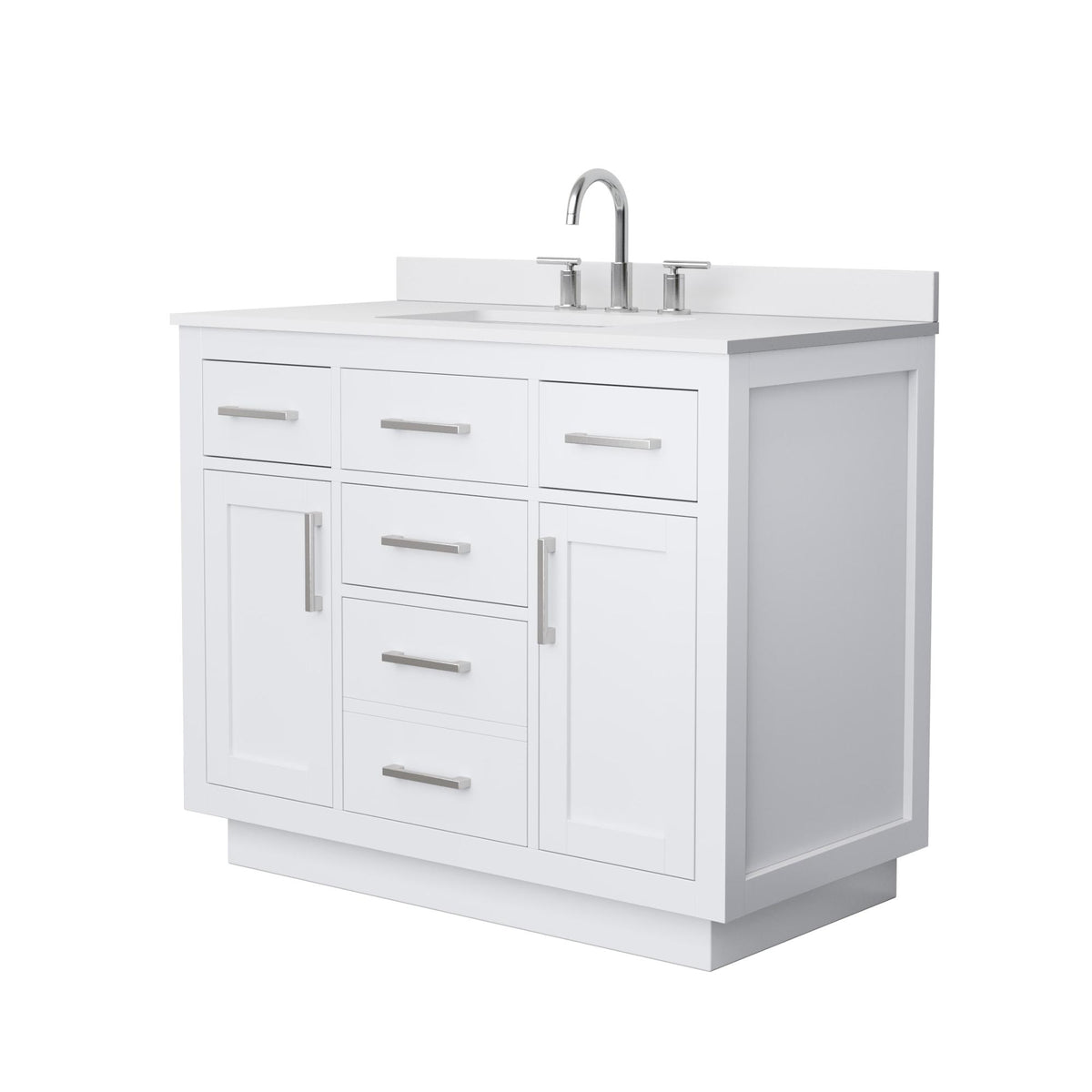 Wyndham Collection Beckett TK 42" Single Bathroom Vanity With Toe Kick in White, White Cultured Marble Countertop, Undermount Square Sink (3-Hole), Brushed Nickel Trim