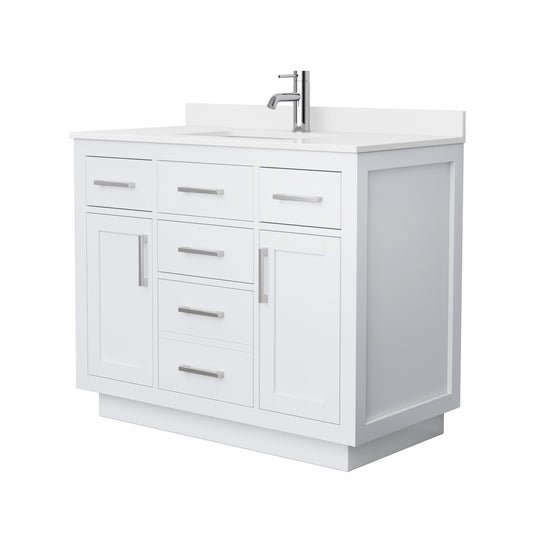 Wyndham Collection Beckett TK 42" Single Bathroom Vanity With Toe Kick in White, White Quartz Countertop, Undermount Square Sink (1-Hole), Brushed Nickel Trim