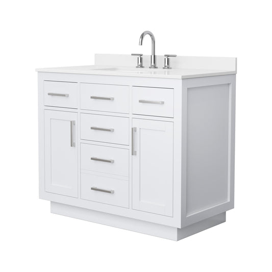 Wyndham Collection Beckett TK 42" Single Bathroom Vanity With Toe Kick in White, White Quartz Countertop, Undermount Square Sink (3-Hole), Brushed Nickel Trim