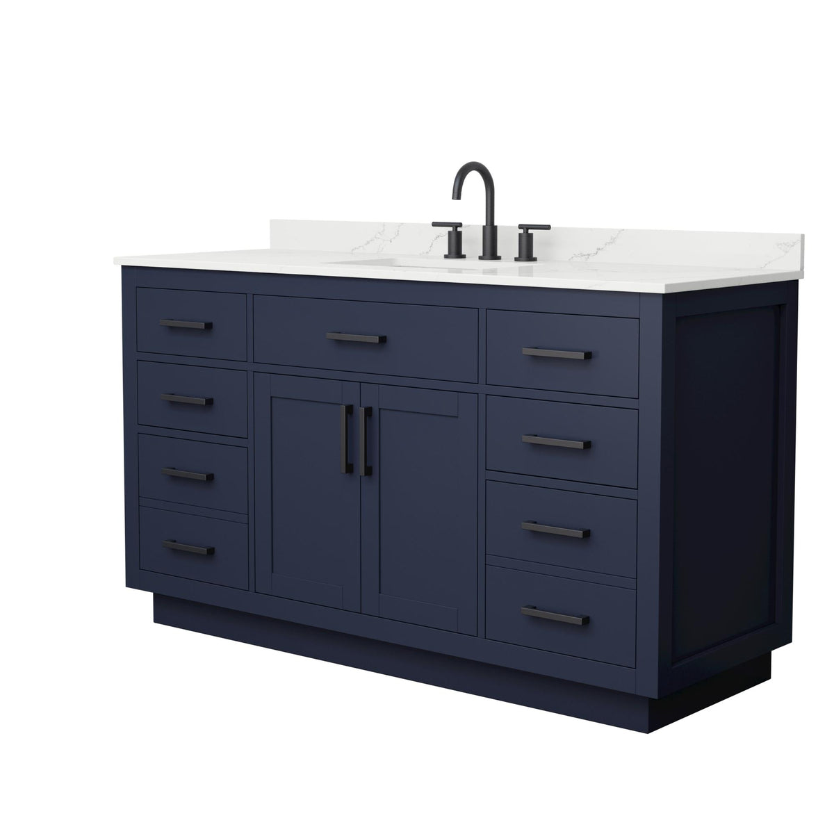 Wyndham Collection Beckett TK 60" Single Bathroom Vanity With Toe Kick in Dark Blue, Giotto Quartz Countertop, Undermount Square Sink (3-Hole), Matte Black Trim