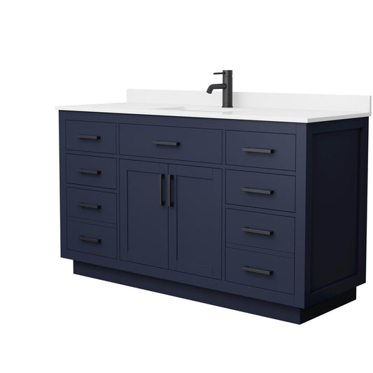 Wyndham Collection Beckett TK 60" Single Bathroom Vanity With Toe Kick in Dark Blue, White Quartz Countertop, Undermount Square Sink (1-Hole), Matte Black Trim
