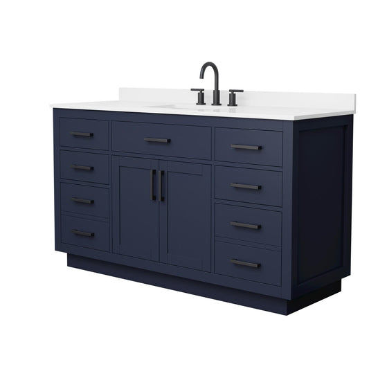 Wyndham Collection Beckett TK 60" Single Bathroom Vanity With Toe Kick in Dark Blue, White Quartz Countertop, Undermount Square Sink (3-Hole), Matte Black Trim