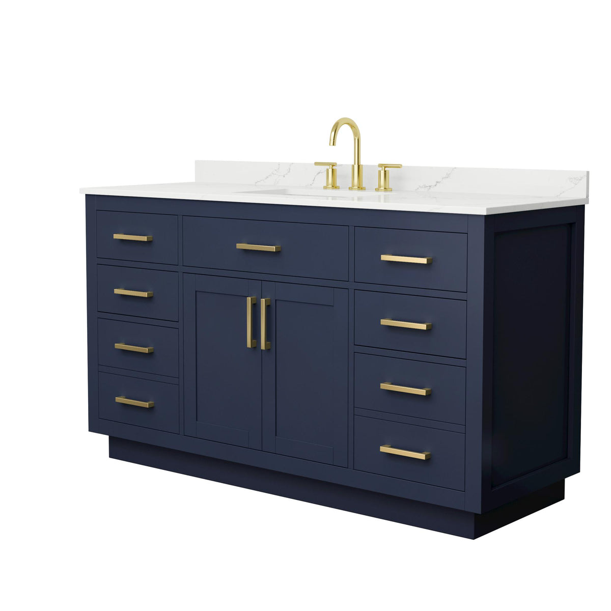 Wyndham Collection Beckett TK 60" Single Bathroom Vanity With Toe Kick in Dark Blue, Giotto Quartz Countertop, Undermount Square Sink (3-Hole), Brushed Gold Trim