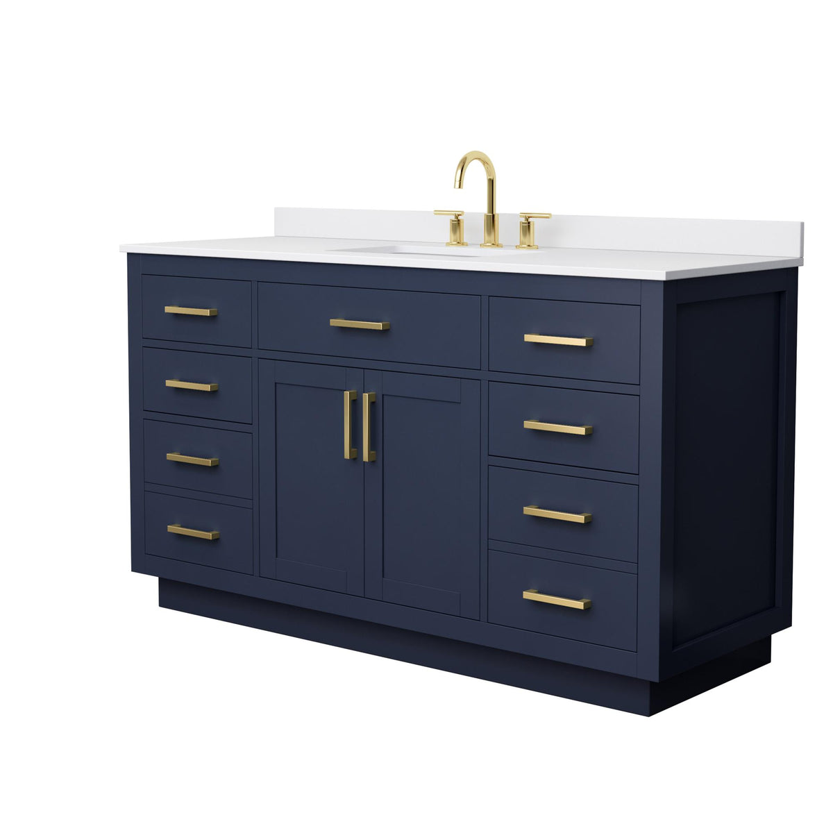 Wyndham Collection Beckett TK 60" Single Bathroom Vanity With Toe Kick in Dark Blue, White Cultured Marble Countertop, Undermount Square Sink (3-Hole), Brushed Gold Trim