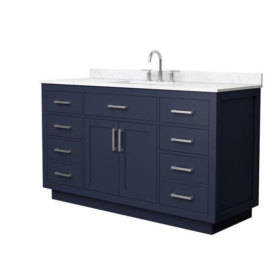 Wyndham Collection Beckett TK 60" Single Bathroom Vanity With Toe Kick in Dark Blue, Carrara Cultured Marble Countertop, Undermount Square Sink (3-Hole), Brushed Nickel Trim