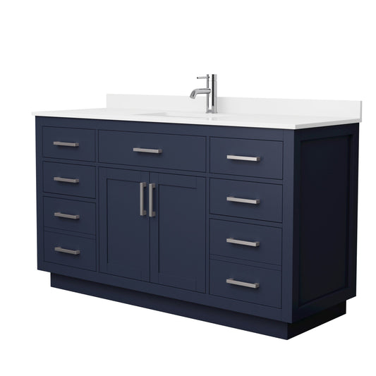 Wyndham Collection Beckett TK 60" Single Bathroom Vanity With Toe Kick in Dark Blue, White Quartz Countertop, Undermount Square Sink (1-Hole), Brushed Nickel Trim