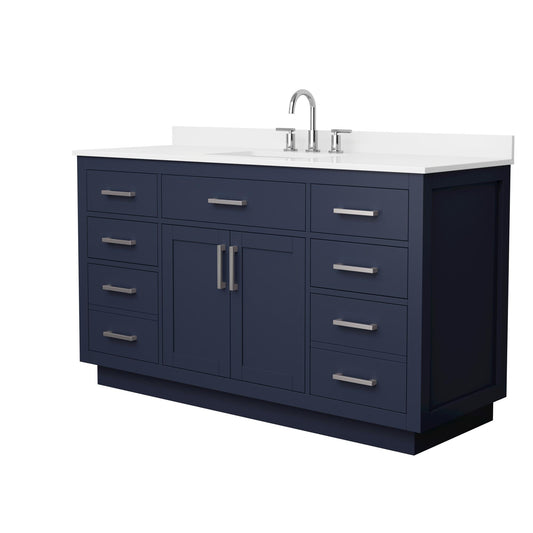 Wyndham Collection Beckett TK 60" Single Bathroom Vanity With Toe Kick in Dark Blue, White Quartz Countertop, Undermount Square Sink (3-Hole), Brushed Nickel Trim