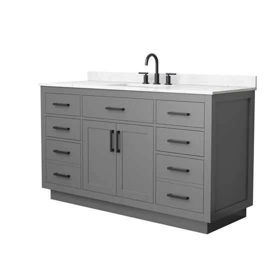 Wyndham Collection Beckett TK 60" Single Bathroom Vanity With Toe Kick in Dark Gray, Carrara Cultured Marble Countertop, Undermount Square Sink (3-Hole), Matte Black Trim