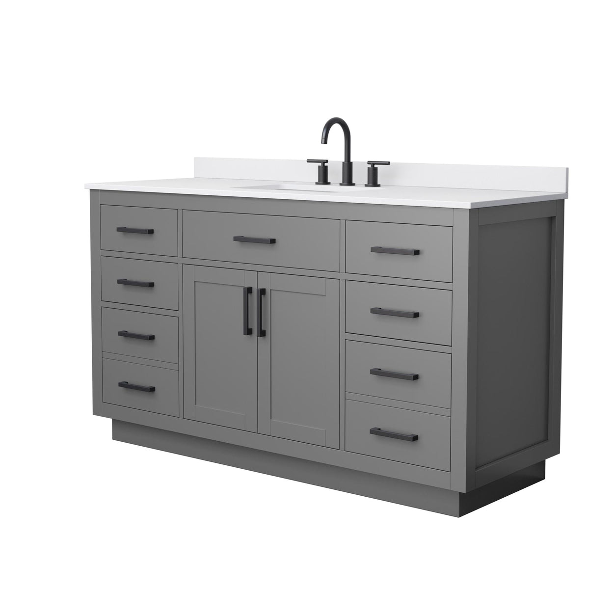 Wyndham Collection Beckett TK 60" Single Bathroom Vanity With Toe Kick in Dark Gray, White Cultured Marble Countertop, Undermount Square Sink (3-Hole), Matte Black Trim