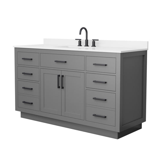 Wyndham Collection Beckett TK 60" Single Bathroom Vanity With Toe Kick in Dark Gray, White Quartz Countertop, Undermount Square Sink (3-Hole), Matte Black Trim