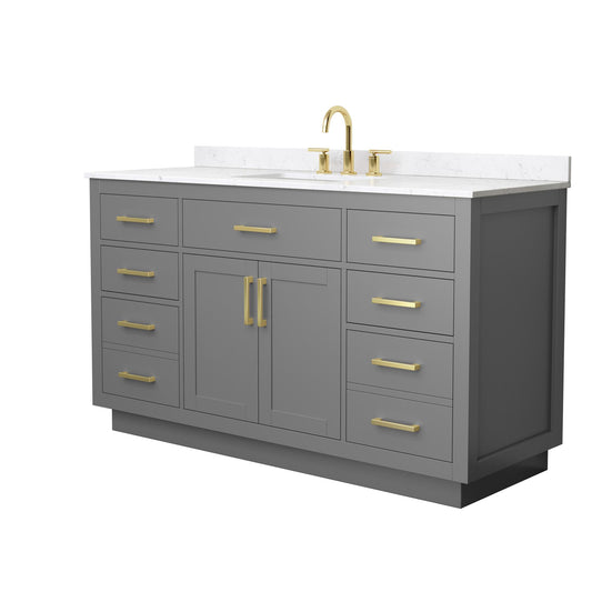 Wyndham Collection Beckett TK 60" Single Bathroom Vanity With Toe Kick in Dark Gray, Carrara Cultured Marble Countertop, Undermount Square Sink (3-Hole), Brushed Gold Trim
