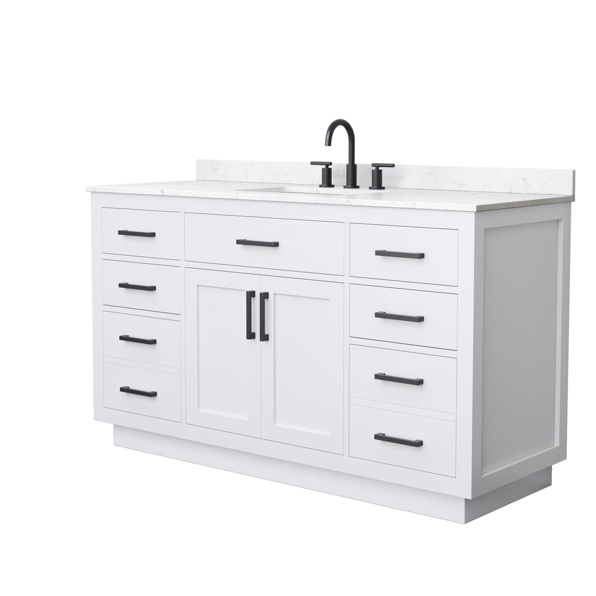 Wyndham Collection Beckett TK 60" Single Bathroom Vanity With Toe Kick in White, Carrara Cultured Marble Countertop, Undermount Square Sink (3-Hole), Matte Black Trim