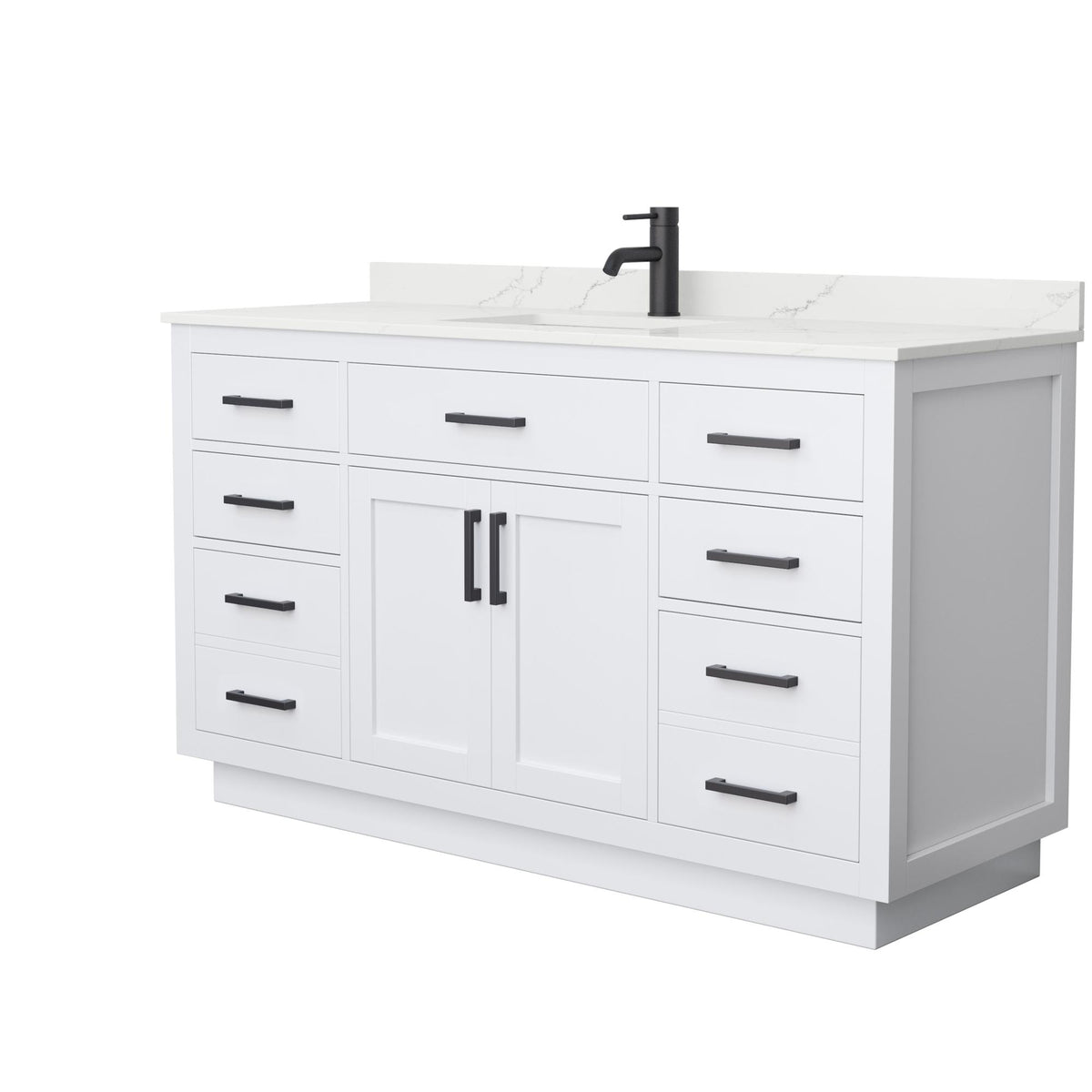 Wyndham Collection Beckett TK 60" Single Bathroom Vanity With Toe Kick in White, Giotto Quartz Countertop, Undermount Square Sink (1-Hole), Matte Black Trim