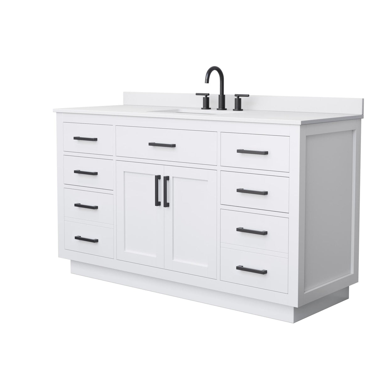 Wyndham Collection Beckett TK 60" Single Bathroom Vanity With Toe Kick in White, White Cultured Marble Countertop, Undermount Square Sink (3-Hole), Matte Black Trim