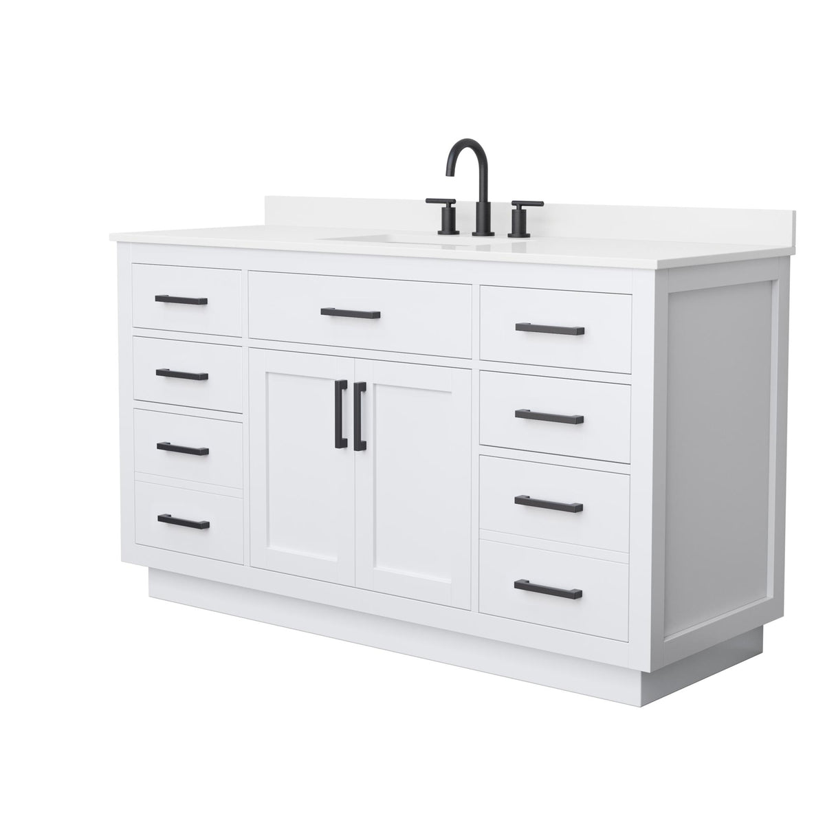 Wyndham Collection Beckett TK 60" Single Bathroom Vanity With Toe Kick in White, White Quartz Countertop, Undermount Square Sink (3-Hole), Matte Black Trim
