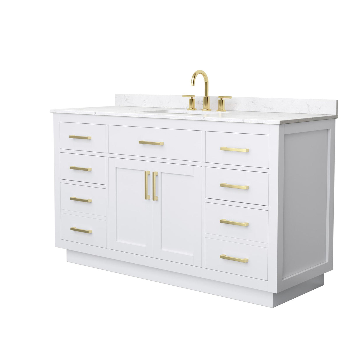 Wyndham Collection Beckett TK 60" Single Bathroom Vanity With Toe Kick in White, Carrara Cultured Marble Countertop, Undermount Square Sink (3-Hole), Brushed Gold Trim