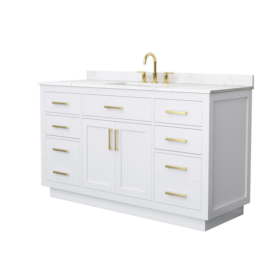 Wyndham Collection Beckett TK 60" Single Bathroom Vanity With Toe Kick in White, Carrara Cultured Marble Countertop, Undermount Square Sink (3-Hole), Brushed Gold Trim