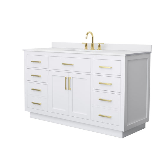 Wyndham Collection Beckett TK 60" Single Bathroom Vanity With Toe Kick in White, White Cultured Marble Countertop, Undermount Square Sink (3-Hole), Brushed Gold Trim
