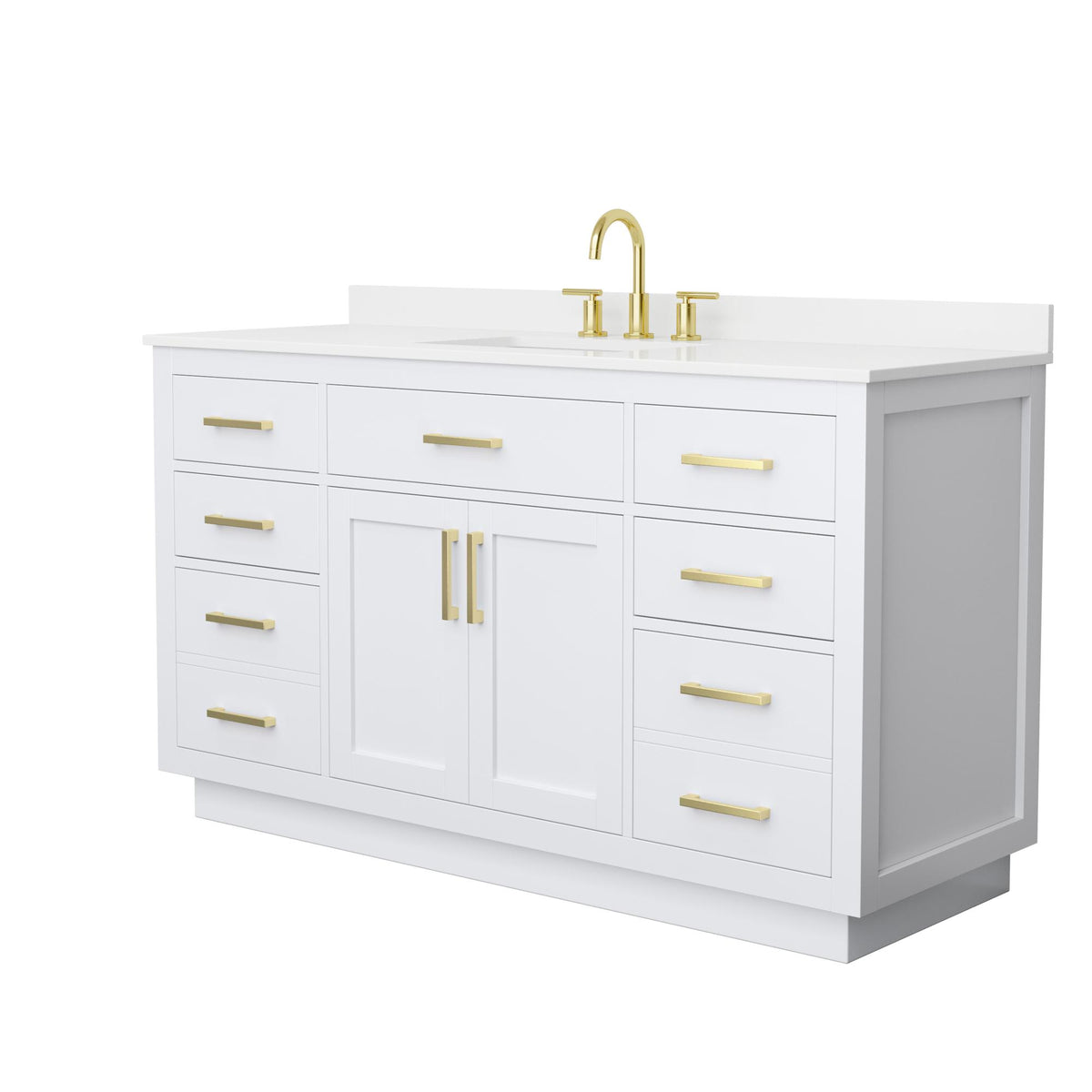 Wyndham Collection Beckett TK 60" Single Bathroom Vanity With Toe Kick in White, White Quartz Countertop, Undermount Square Sink (3-Hole), Brushed Gold Trim