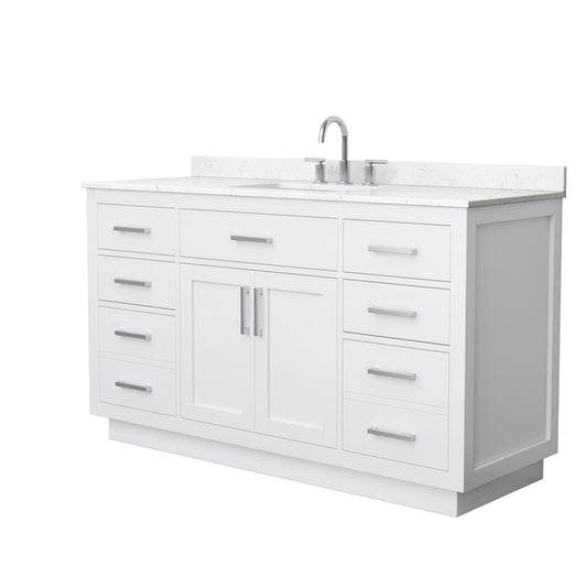 Wyndham Collection Beckett TK 60" Single Bathroom Vanity With Toe Kick in White, Carrara Cultured Marble Countertop, Undermount Square Sink (3-Hole), Brushed Nickel Trim