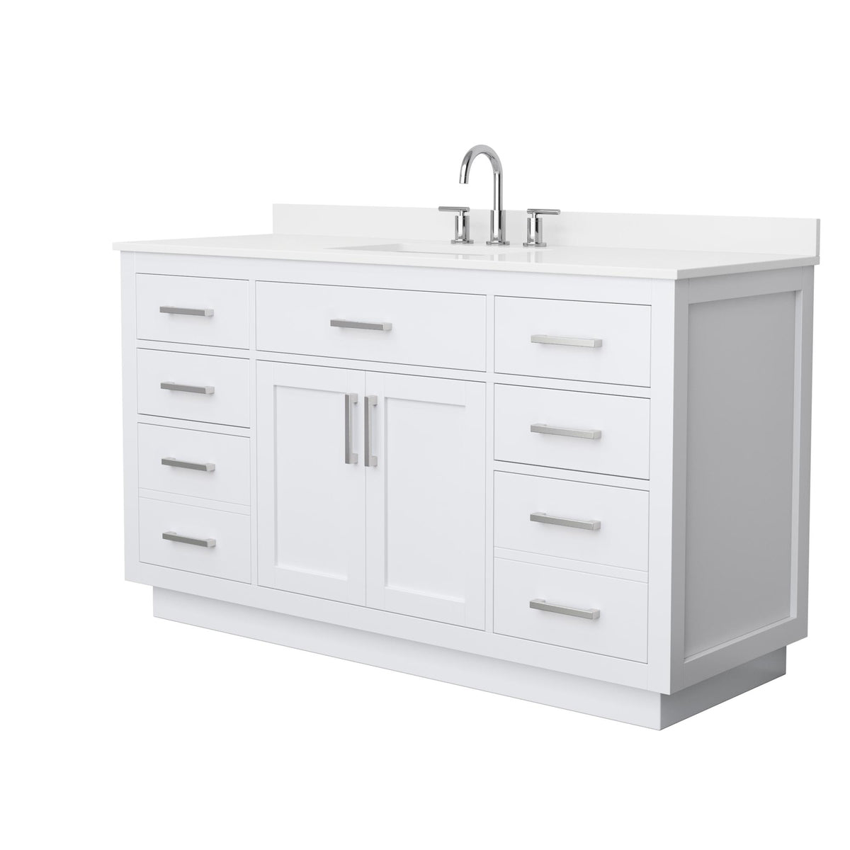 Wyndham Collection Beckett TK 60" Single Bathroom Vanity With Toe Kick in White, White Quartz Countertop, Undermount Square Sink (3-Hole), Brushed Nickel Trim