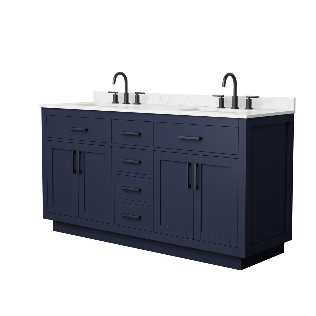 Wyndham Collection Beckett TK 66" Double Bathroom Vanity With Toe Kick in Dark Blue, Carrara Cultured Marble Countertop, Undermount Square Sinks (3-Hole), Matte Black Trim